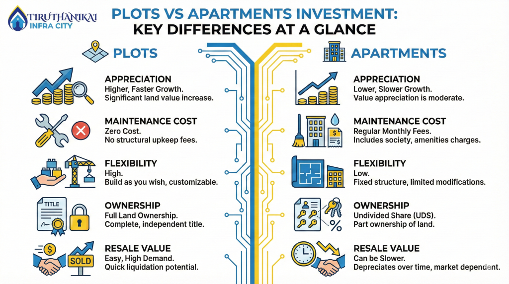 This image describes the Key Difference between Plots vs Apartments 