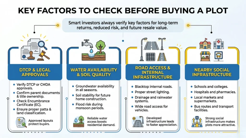 this image shows that key factors yto chech before buying a plot 