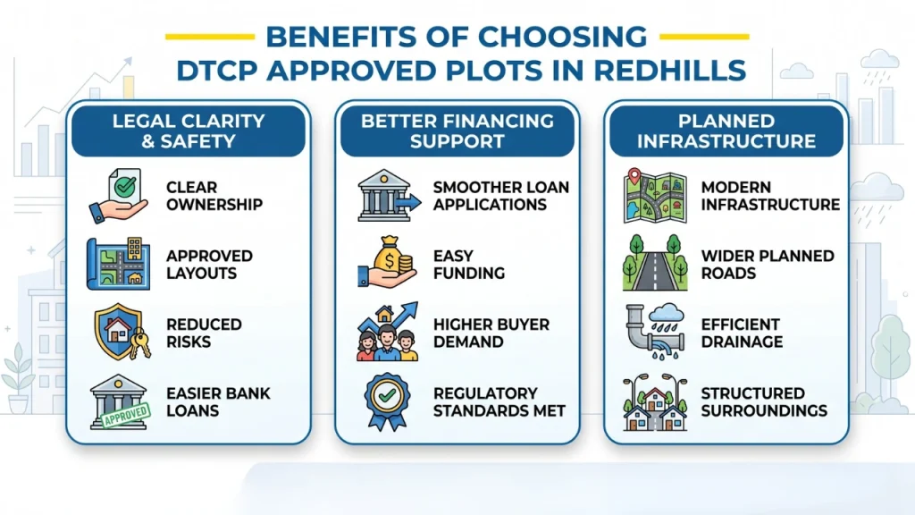 this image contains benefits of choosing DTCP Approved plots in redhills 