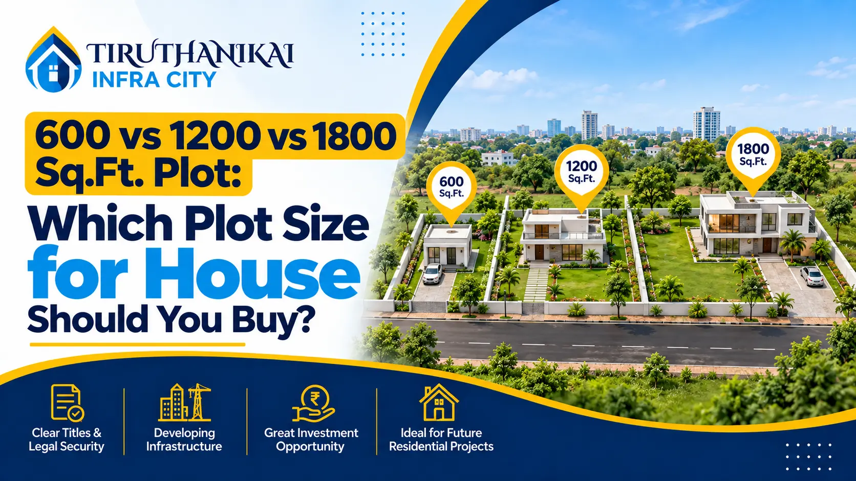 Comparison of 600, 1200 and 1800 sq.ft. residential plots for house construction.